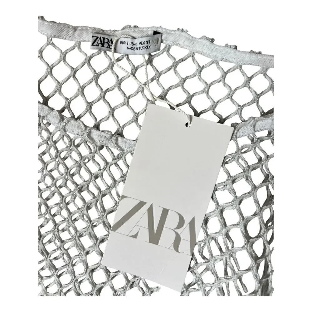 ZARA Fishnet Cropped Top White Silver Color Size S.
